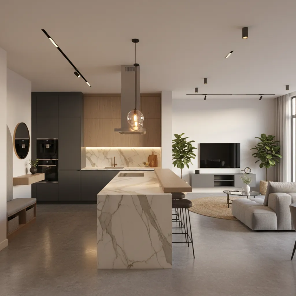 Cocina con península que separa la entrada del salón