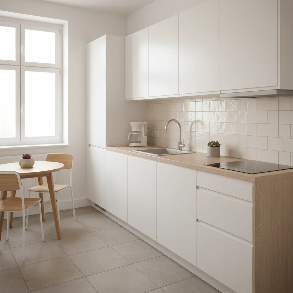 Cocina pequeña con muebles claros y buena iluminación natural