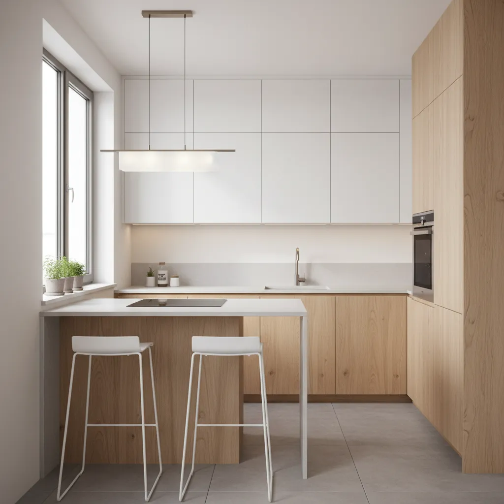 Cocina moderna pequeña con isla compacta