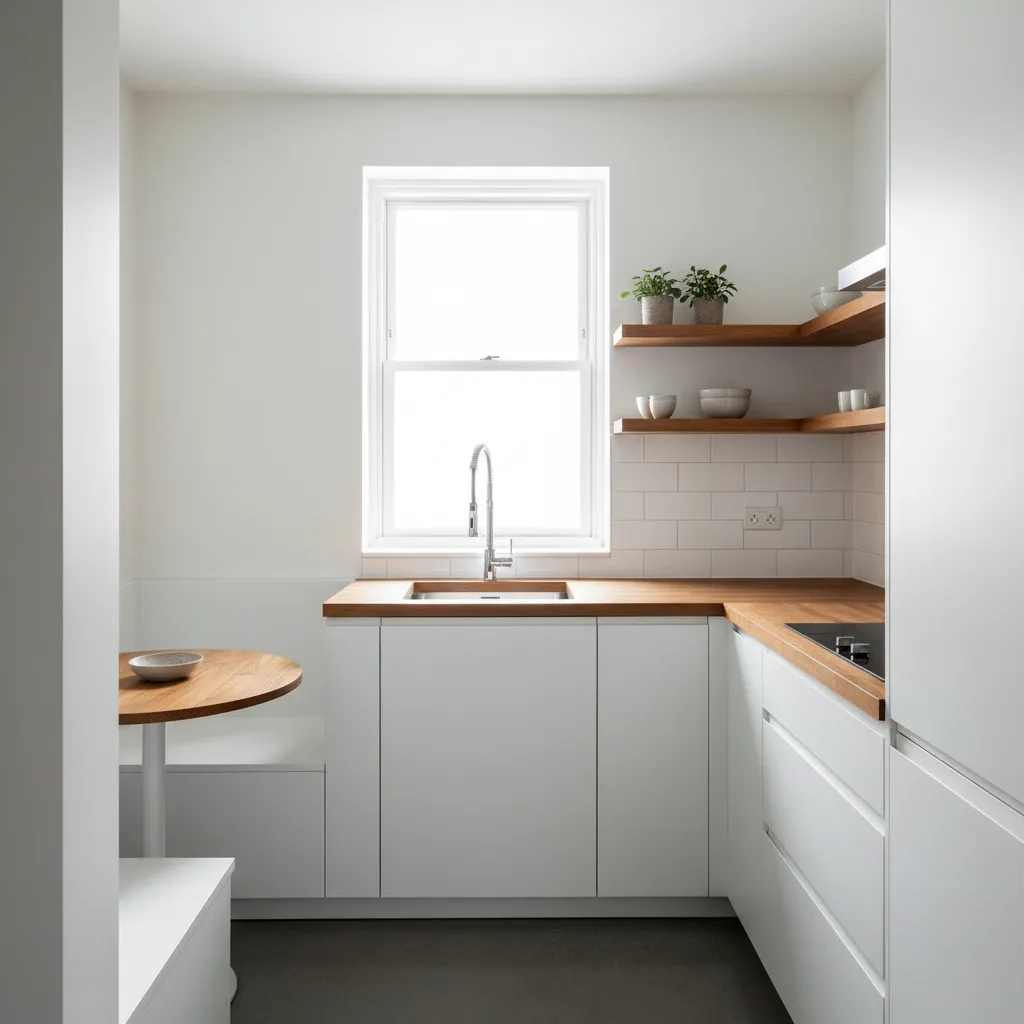 Cocina pequeña bien organizada con distribución en L