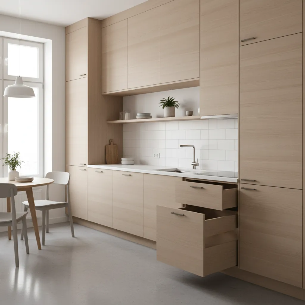 Modern kitchen with light wood cabinets open drawers white tile walls and a dining table