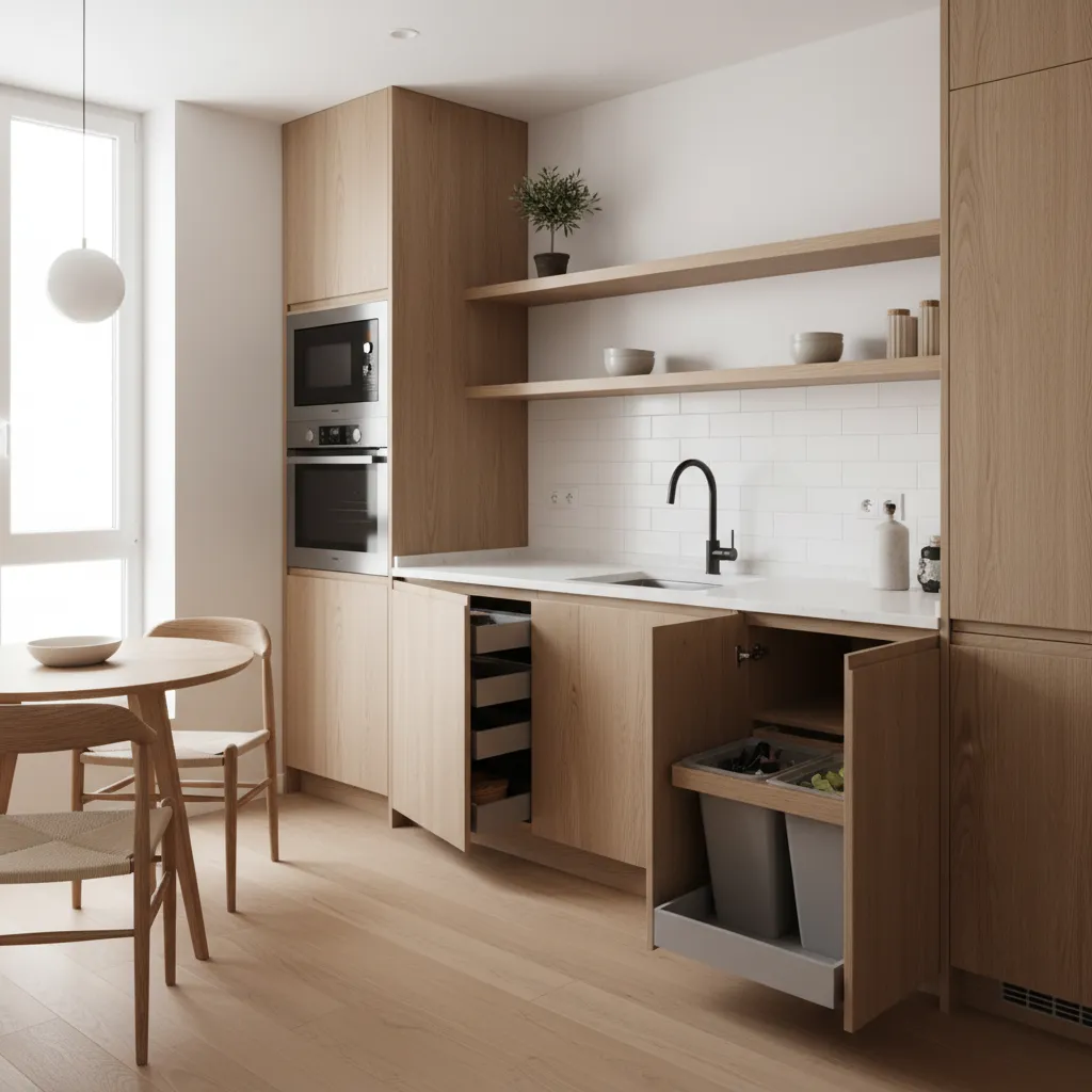 Cocina moderna pequeña con distribución funcional y almacenamiento optimizado