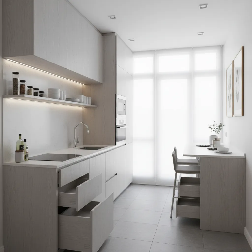 Cocina pequeña optimizada con muebles compactos