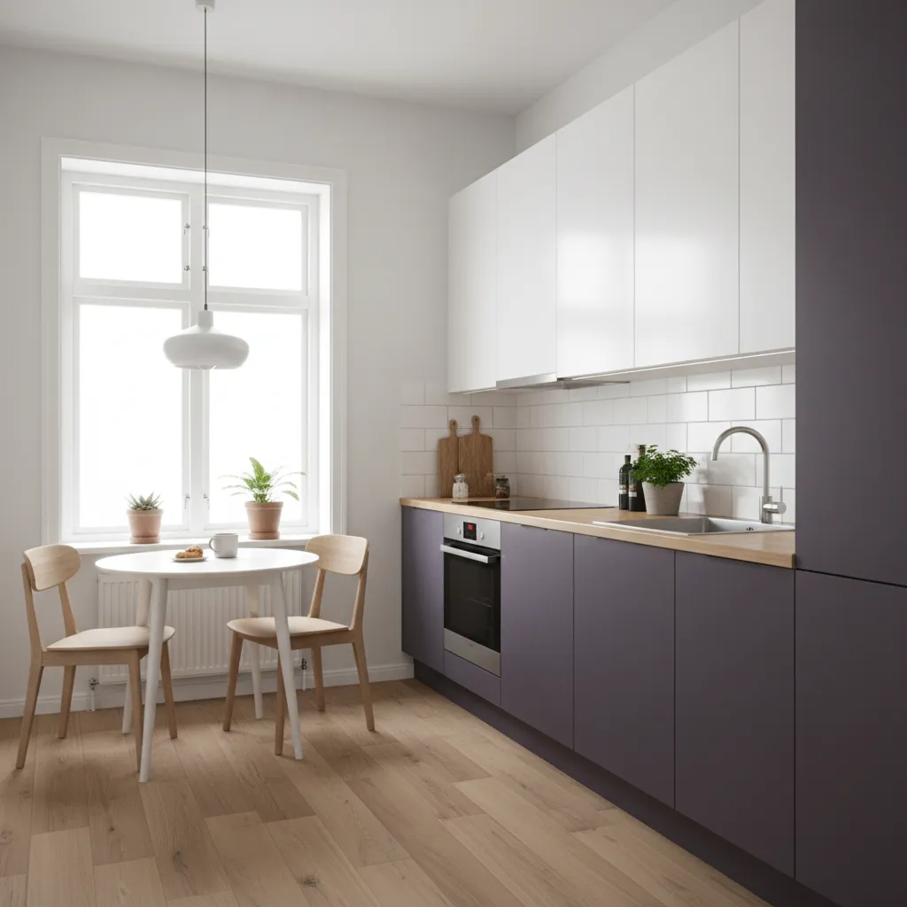 Cocina pequeña con muebles inferiores morados y superiores blancos