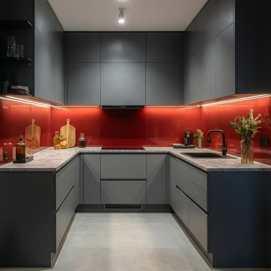 Cocina moderna con muebles grises y acentos rojos