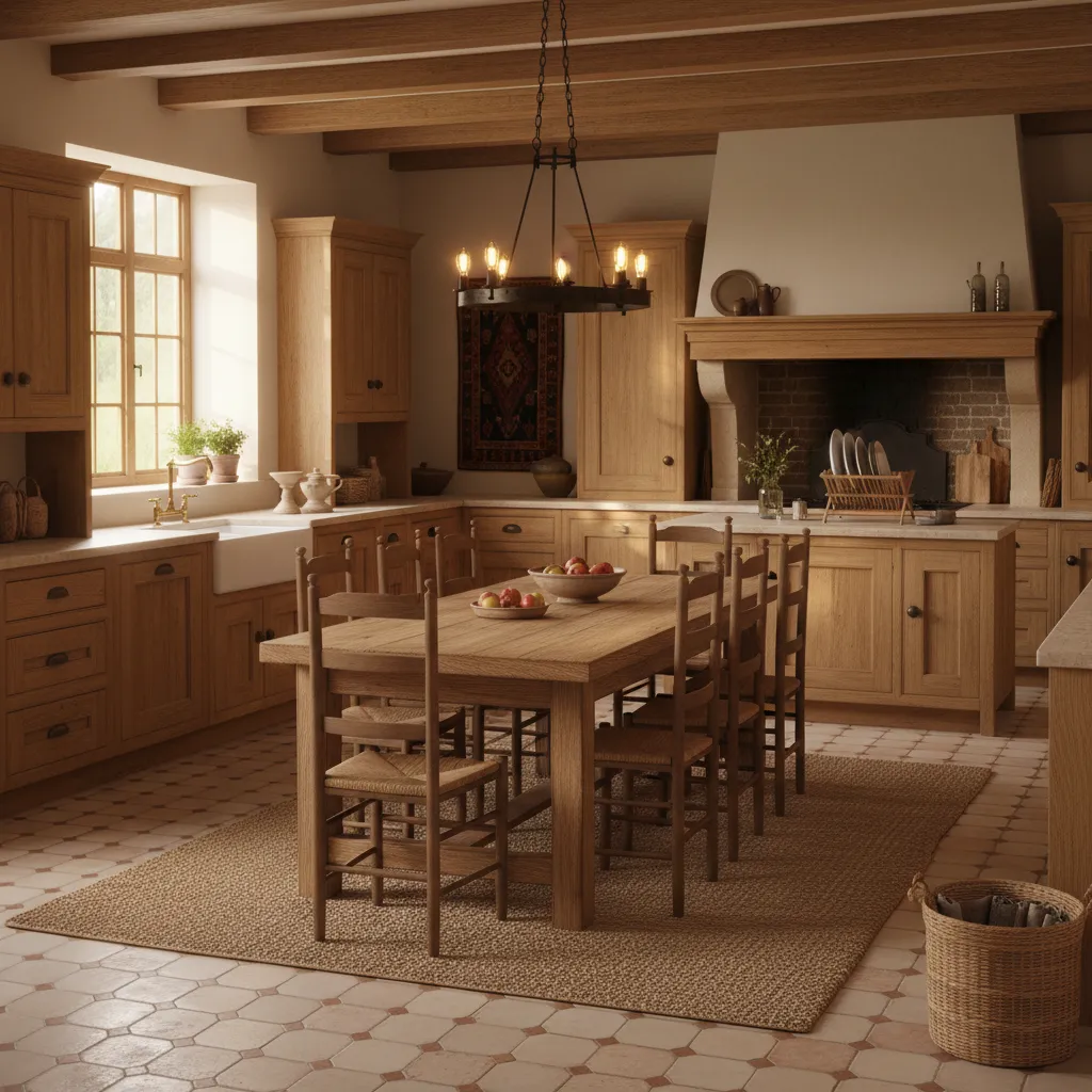 Spacious rustic kitchen design with wooden dining table, chairs, rug, ceiling light, and tiled flooring