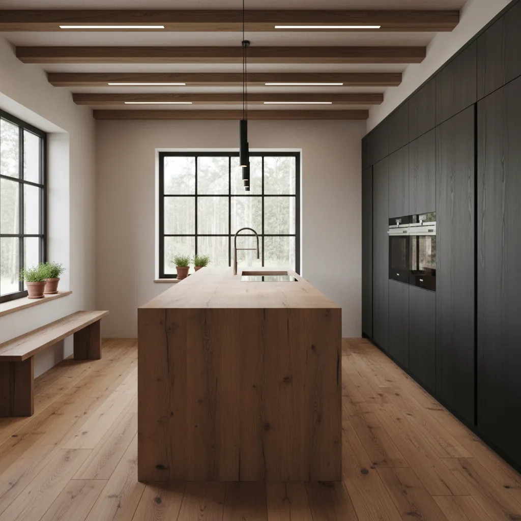 Cocina rústica con elementos modernos y minimalistas