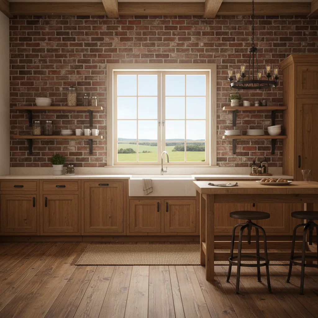 Cocina rústica con ladrillo y muebles de madera