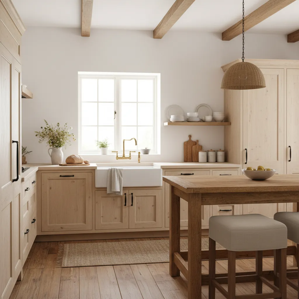 Cocina rústica luminosa con armarios claros y madera natural