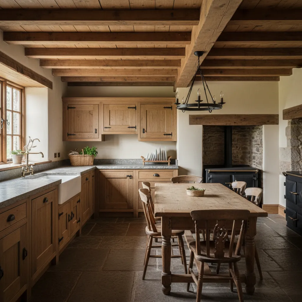 Cocina rústica con armarios de madera y vigas expuestas