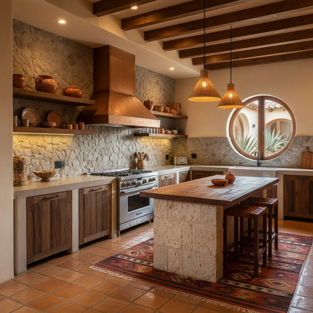 Cocina moderna con estilo rústico mexicano y materiales naturales