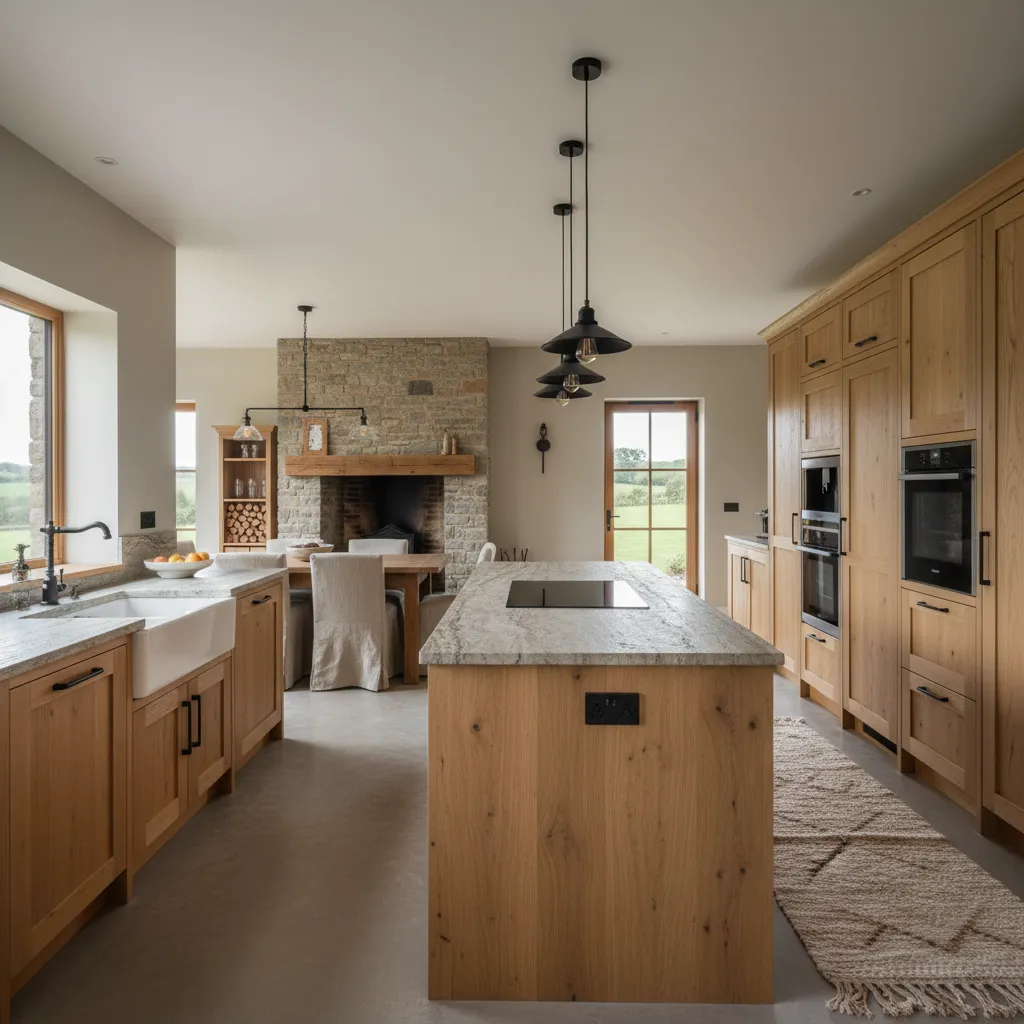 Modern farmhouse kitchen featuring light wood cabinets stone island black light fixtures and fireplace background