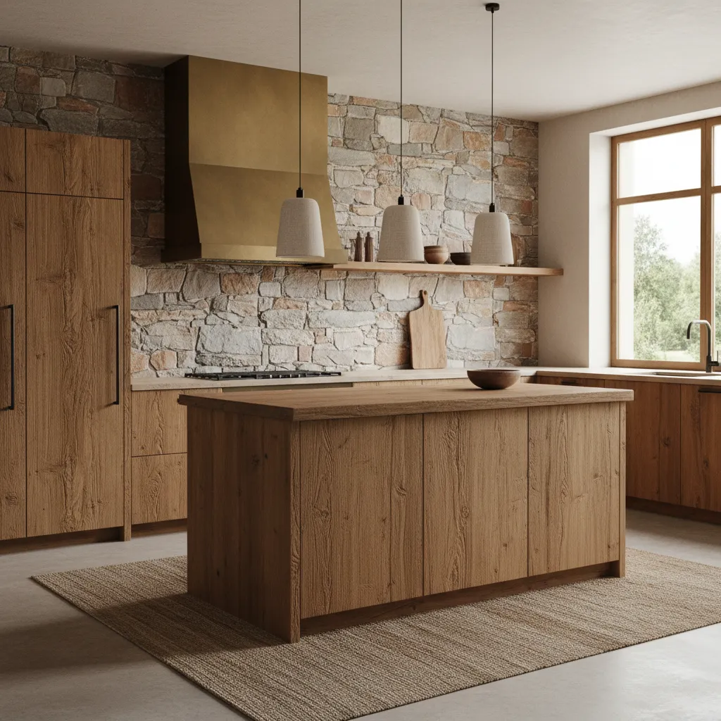 Cocina rústica moderna con madera y piedra