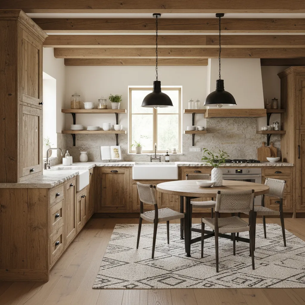 Cocina rústica moderna con madera y encimera de piedra