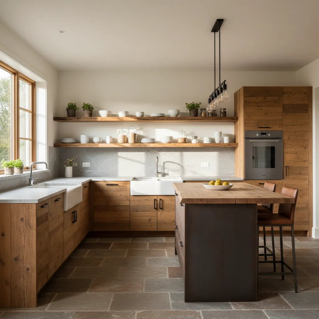 Cocina rústica moderna con madera clara y encimera de piedra