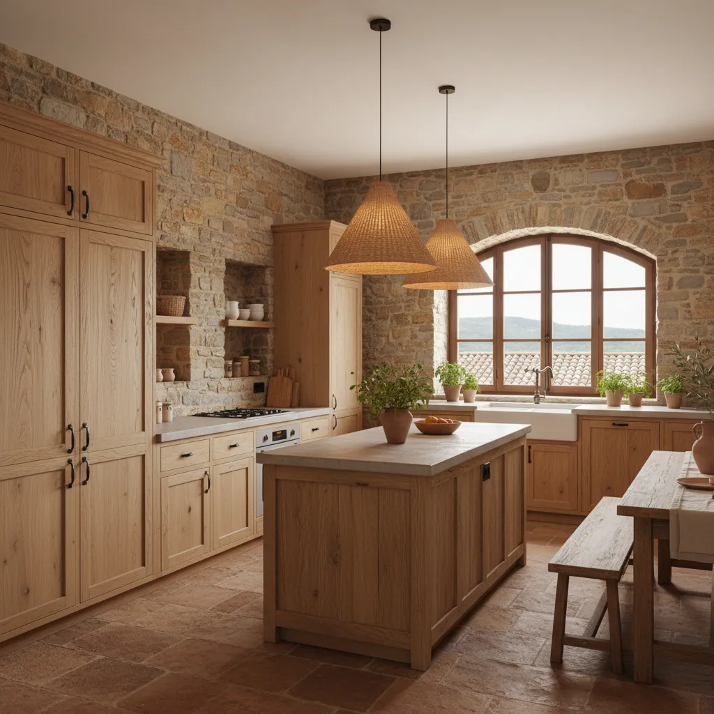 Cocina rústica moderna con madera y piedra