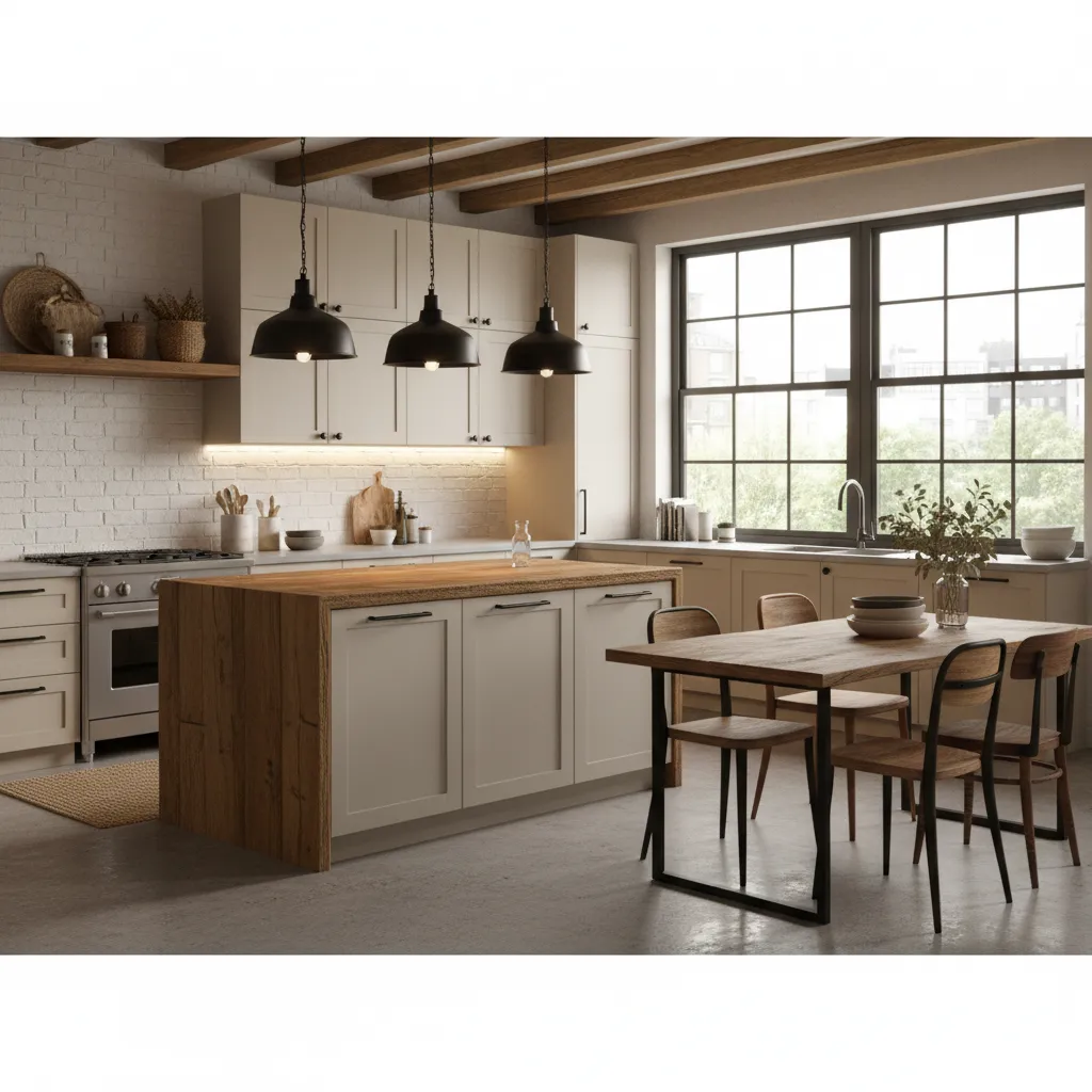 Cocina urbana abierta con diseño rústico moderno