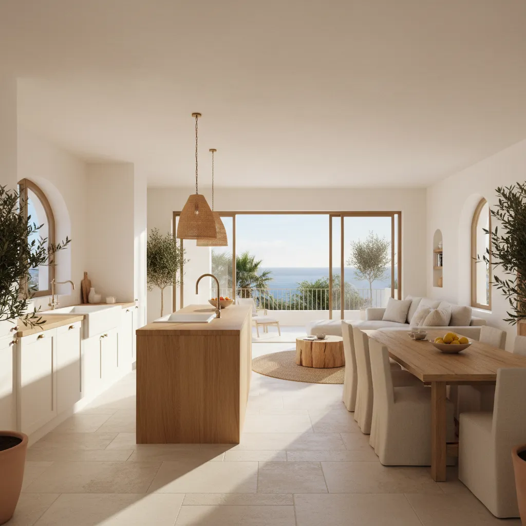 Cocina abierta conectada con salón en apartamento costero