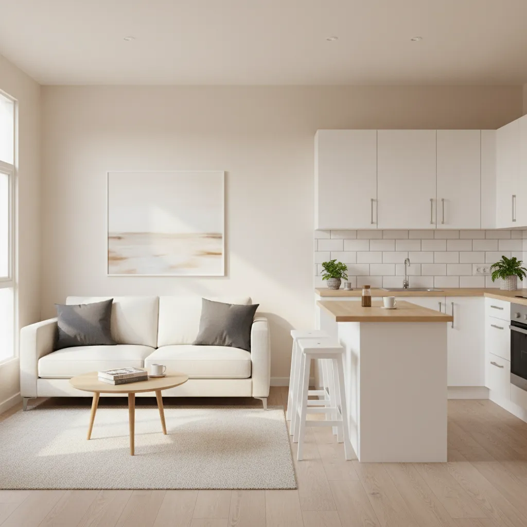 Cocina abierta conectada con el salón en una casa pequeña