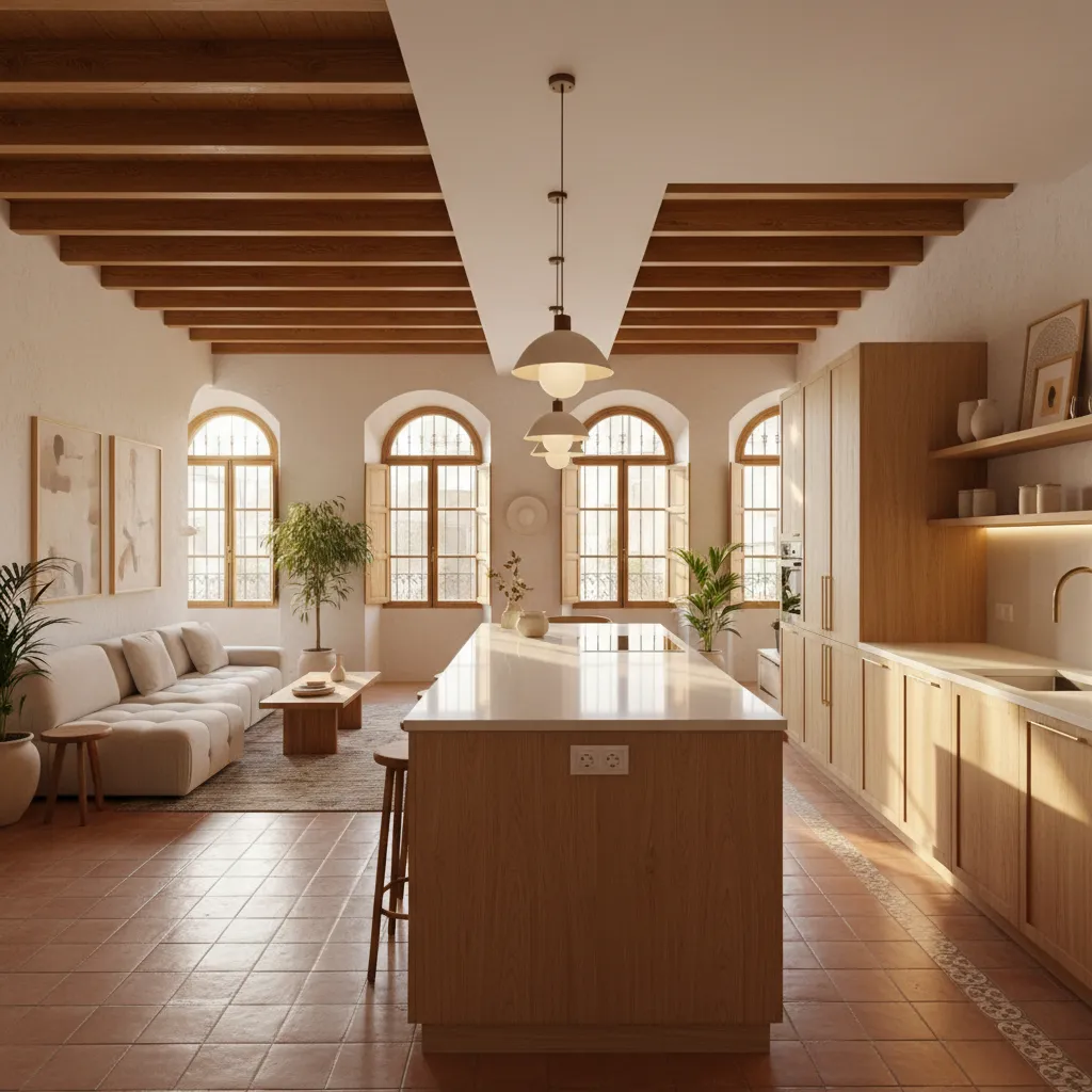 Cocina abierta conectada con el salón en una reforma moderna