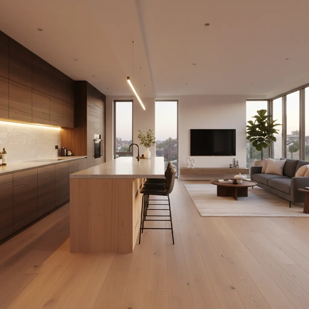 Open plan kitchen and living room with wooden cabinets island stools sofa TV and windows