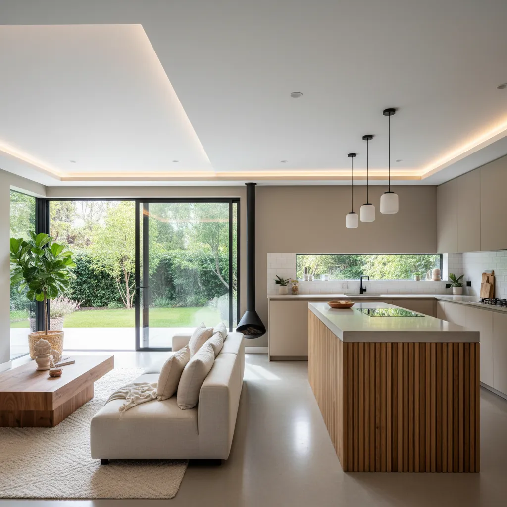 Modern open plan kitchen and living room with white sofa wooden island and glass doors