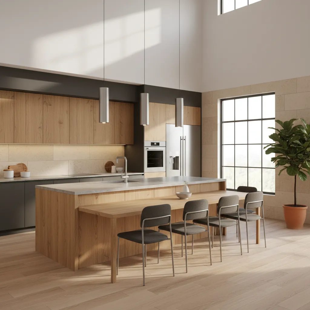 Cocina semiabierta con isla conectada al comedor