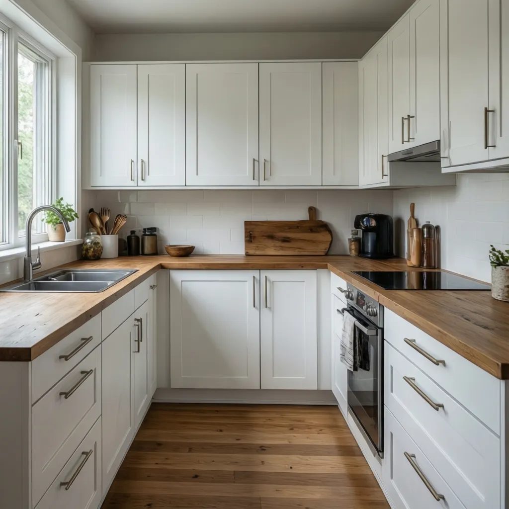 Cocina sencilla con muebles claros y encimera de madera