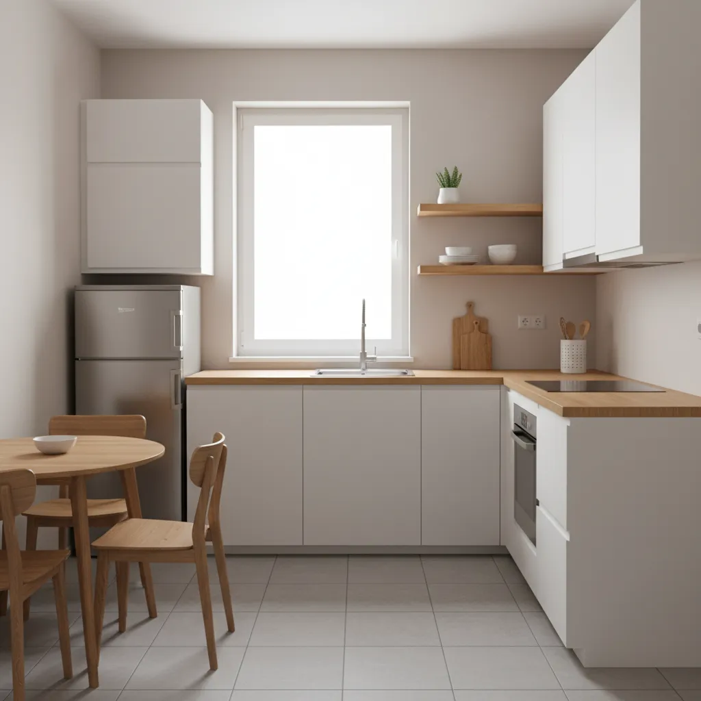 small simple modern kitchen with white cabinets and compact layout
