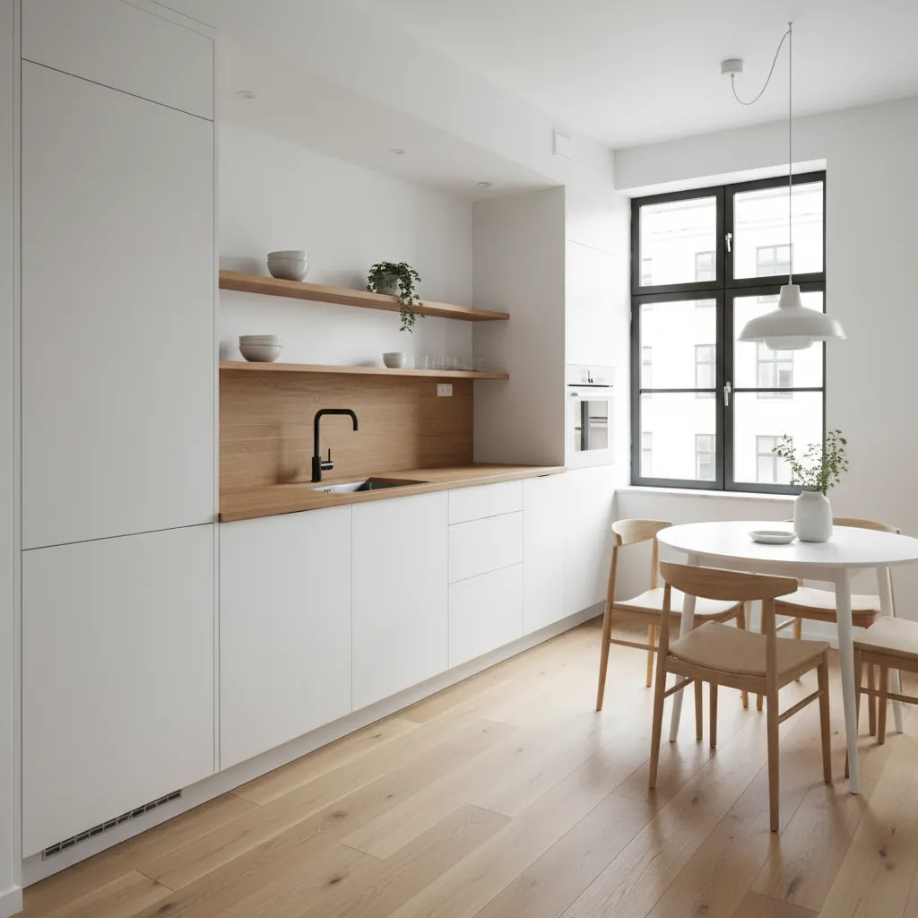 Minimalist white kitchen with wooden countertop, open shelves, black faucet, round table, chairs, and window.