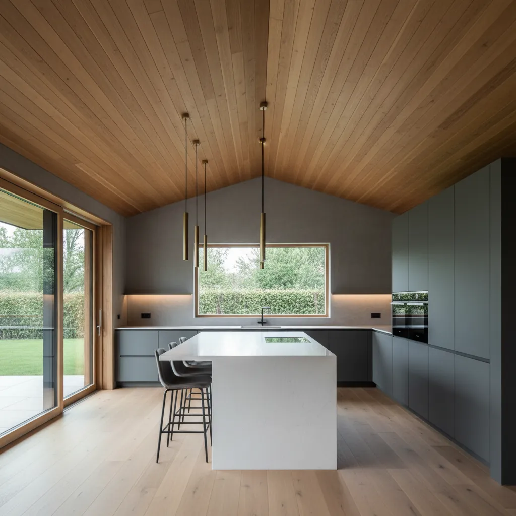 Cocina moderna con techo de madera y diseño abierto