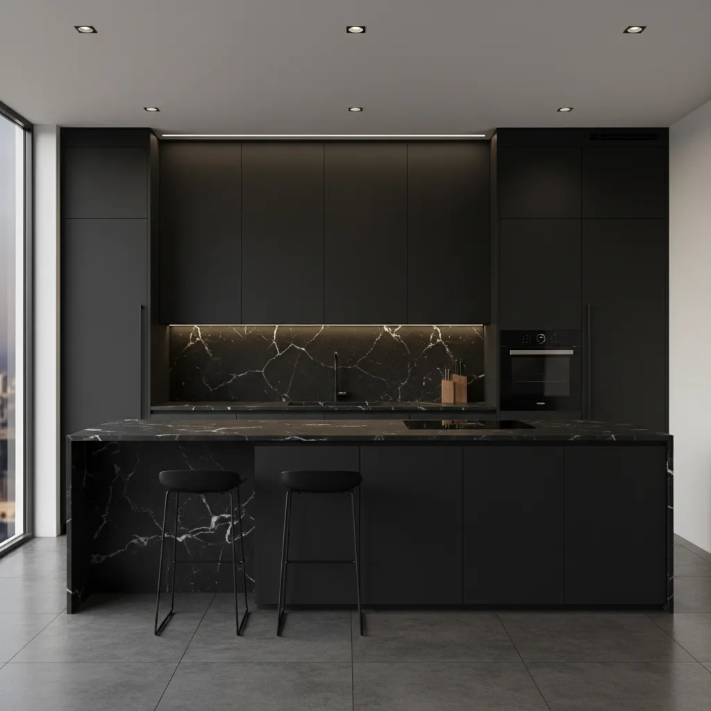 Modern black kitchen with marble island bar stools dark cabinets oven and grey stone floor