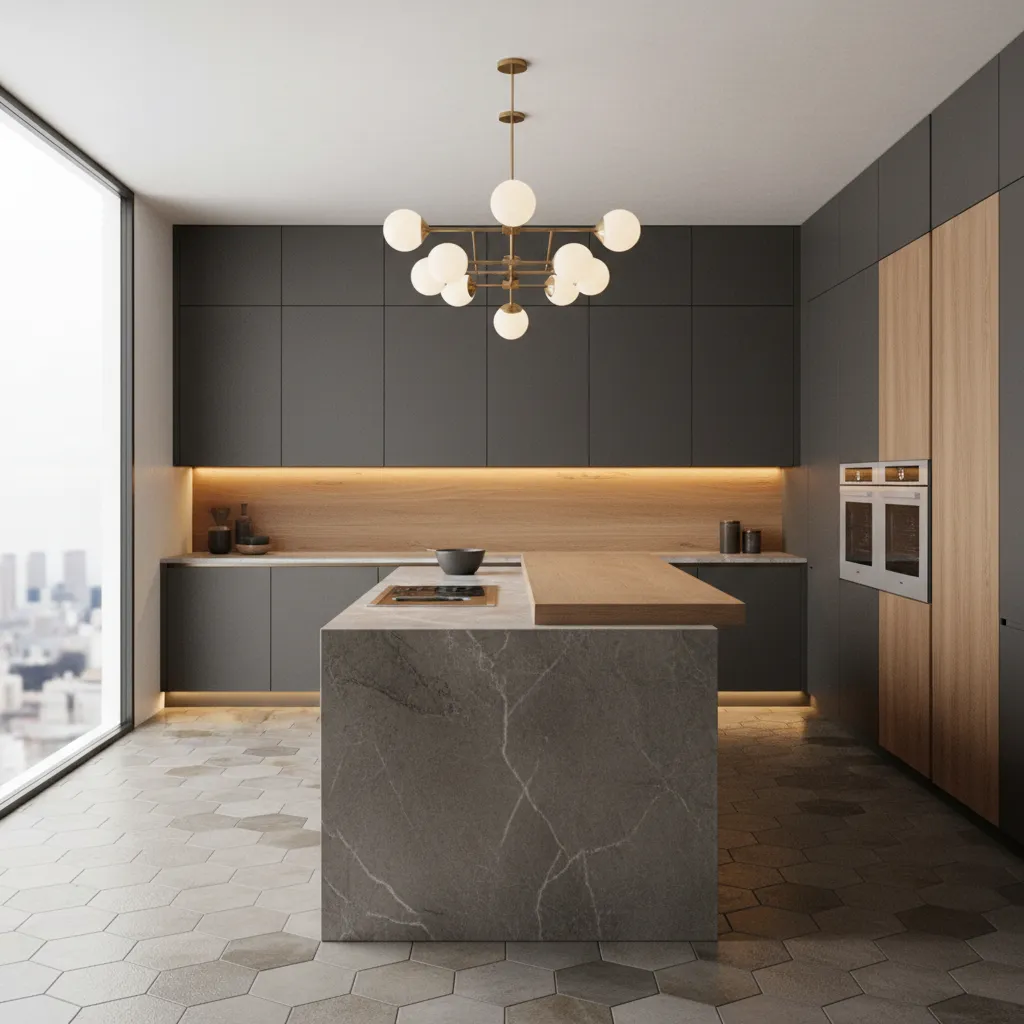 Cocina moderna con isla central y diseño minimalista