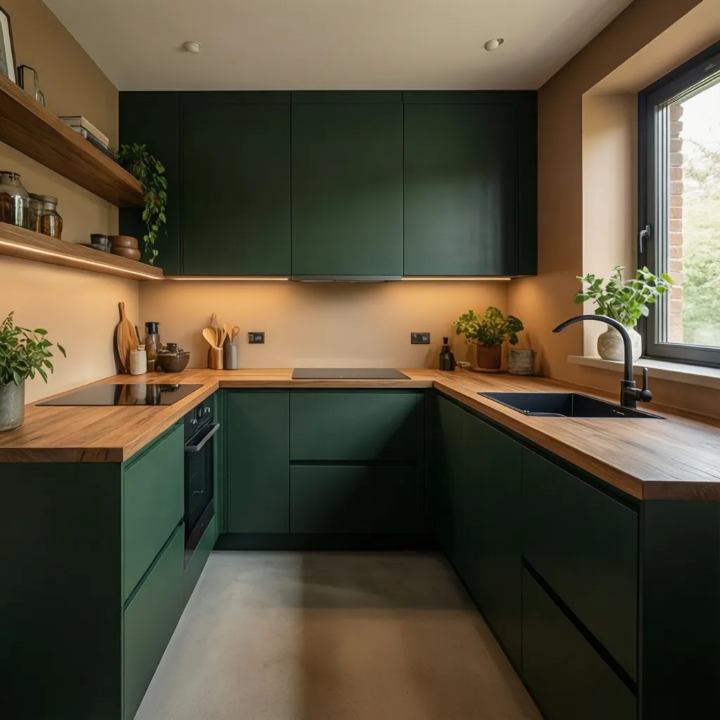 Cocina moderna con muebles verdes y encimera de madera