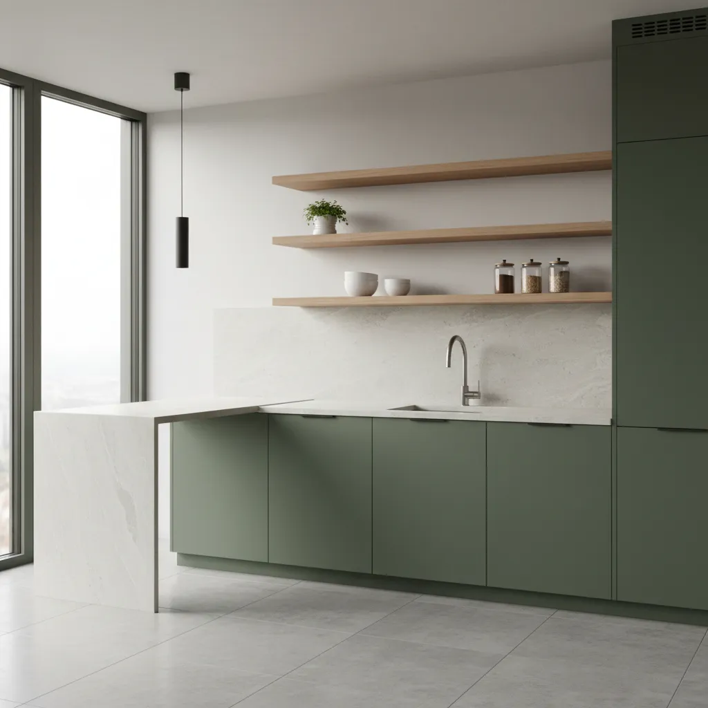 Cocina moderna con muebles verde oliva y encimera clara