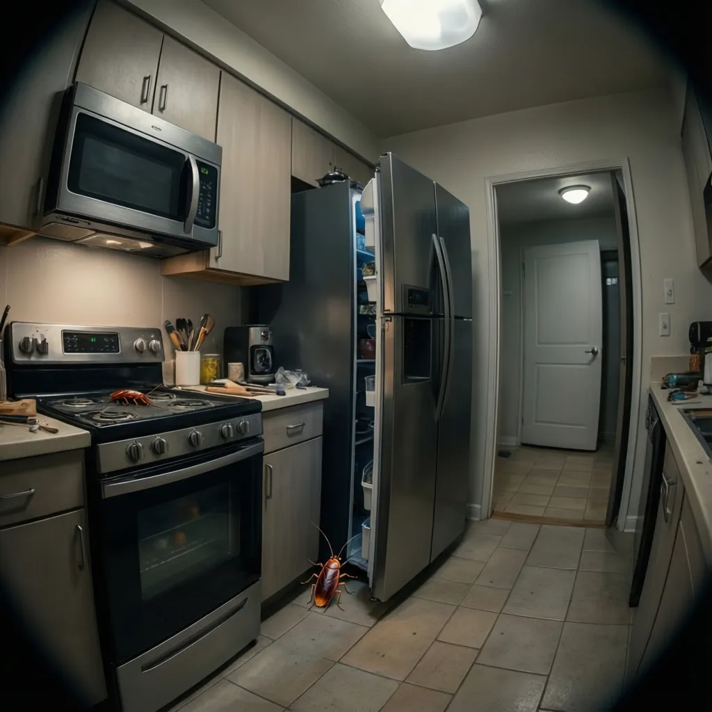 Common kitchen cockroach hiding spots behind refrigerator and stove