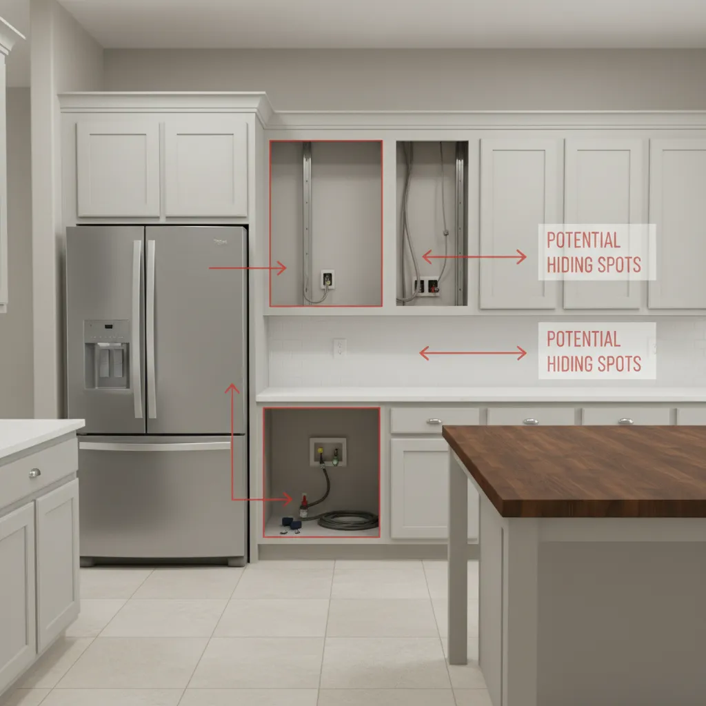 Kitchen appliances pulled out showing typical cockroach hiding areas behind refrigerator and cabinets