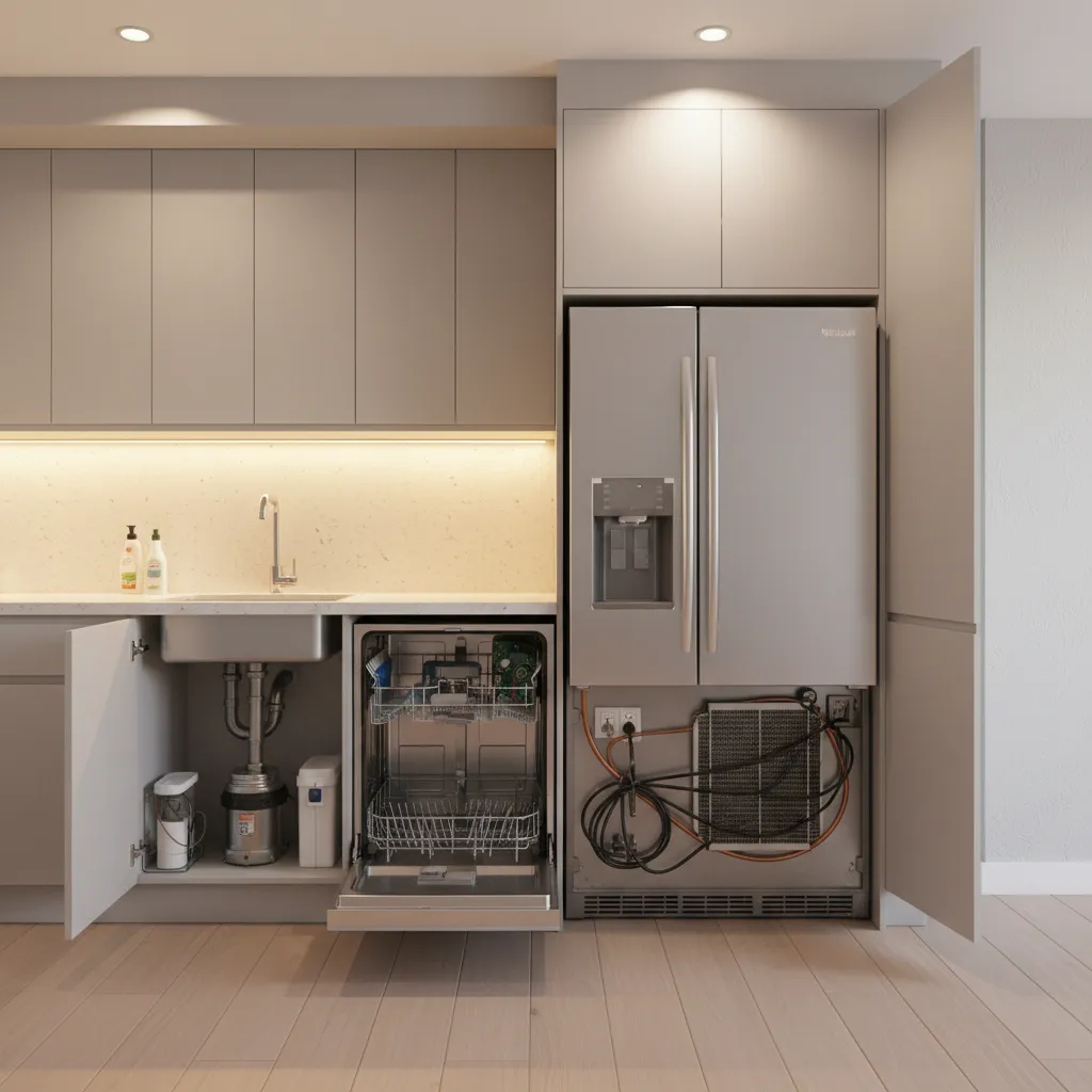 kitchen areas where small cockroaches hide behind appliances and cabinets