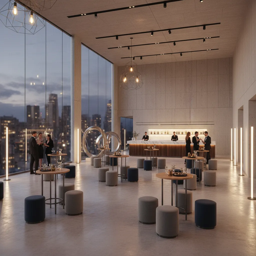 cocktail party layout with high standing tables and open mingling space
