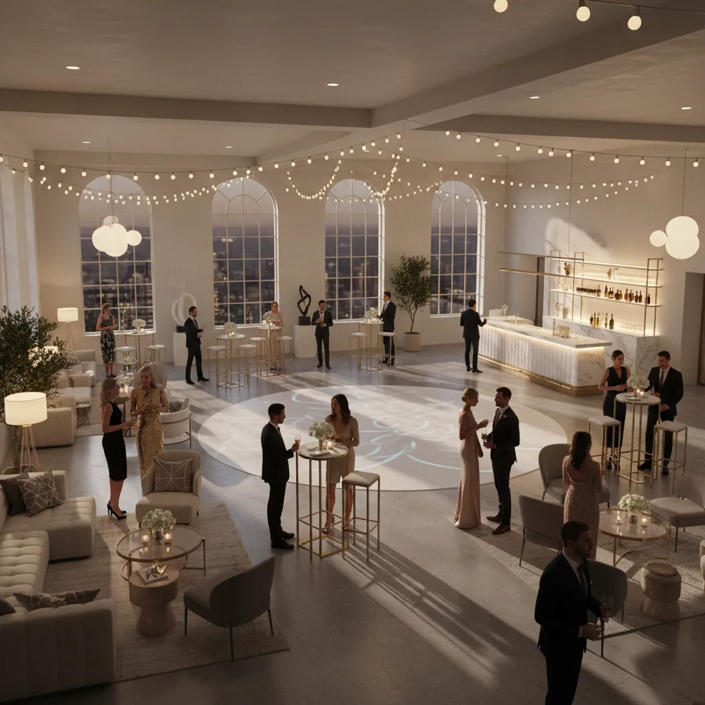 Cocktail style wedding reception with standing tables lounge seating and open dance floor