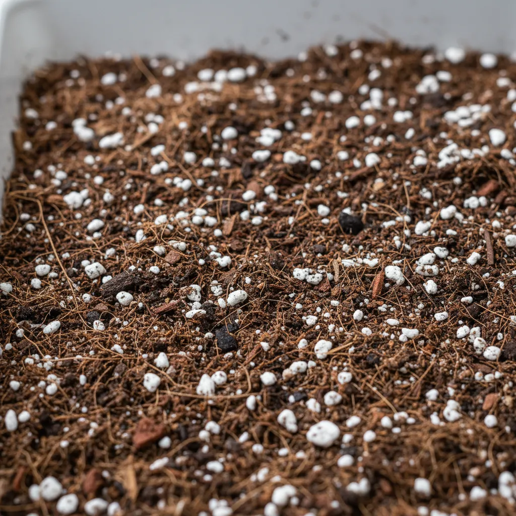 Close-up of coco coir mixed with potting soil for indoor plant containers