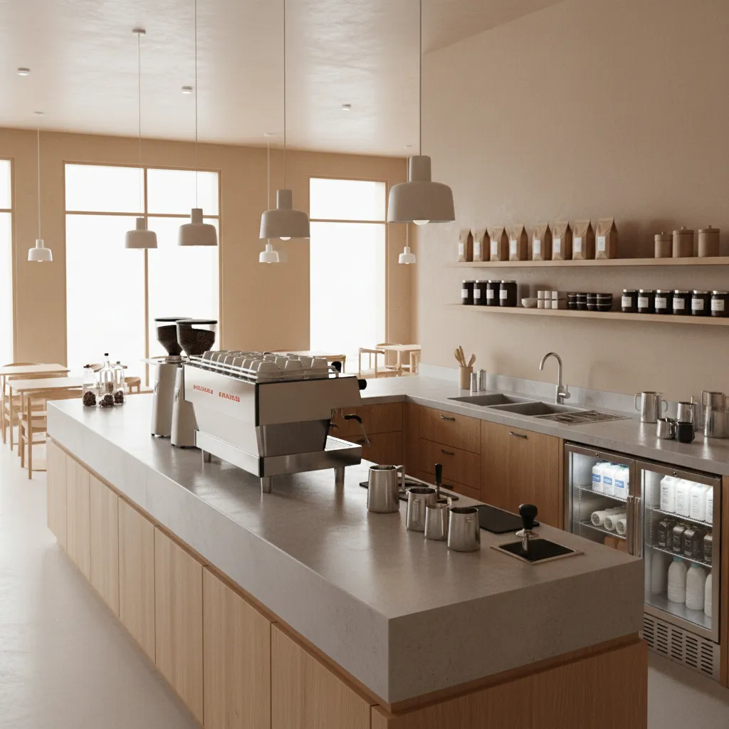 espresso bar counter layout showing grinder espresso machine and preparation zones