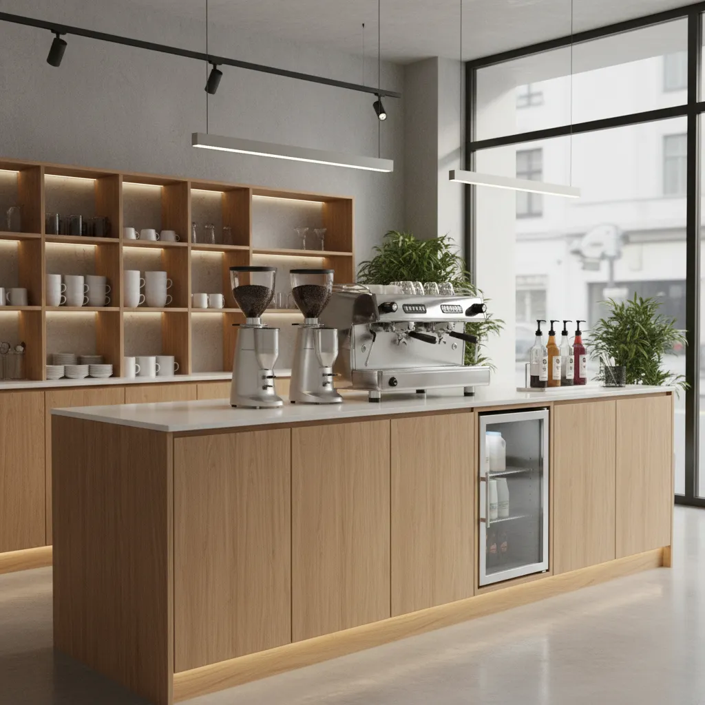 coffee shop counter equipment arranged in preparation sequence for efficient workflow