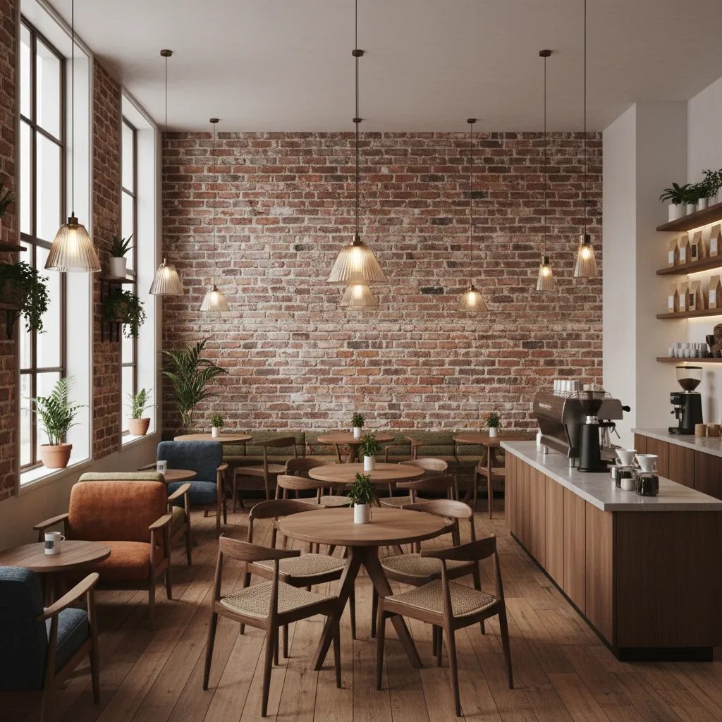 Coffee shop interior with exposed brick feature wall and warm lighting