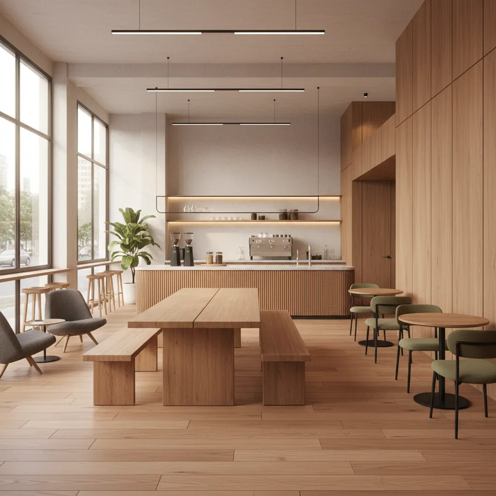 coffee shop interior layout with lounge seating communal tables and counter service