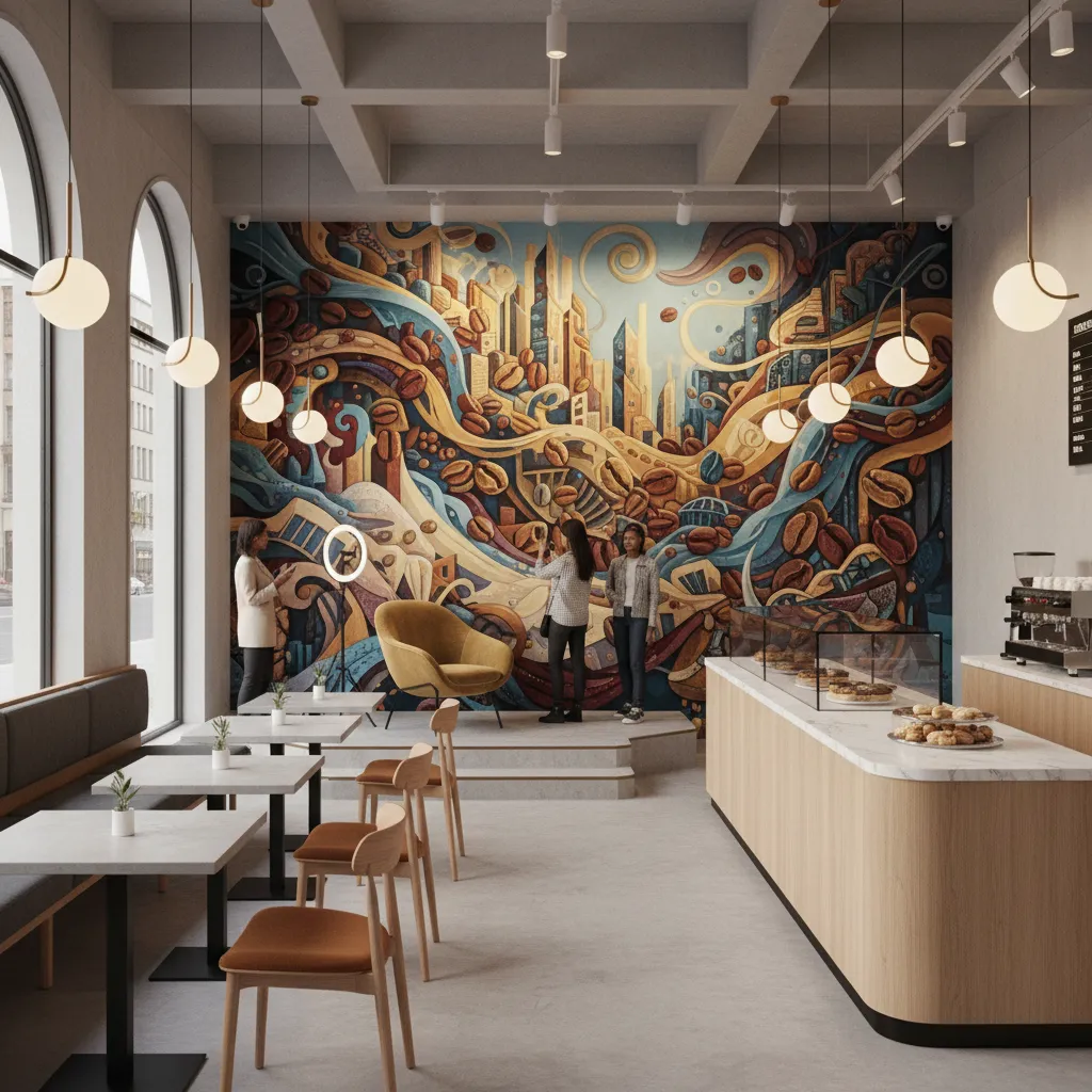 Coffee shop mural wall designed for social media photos