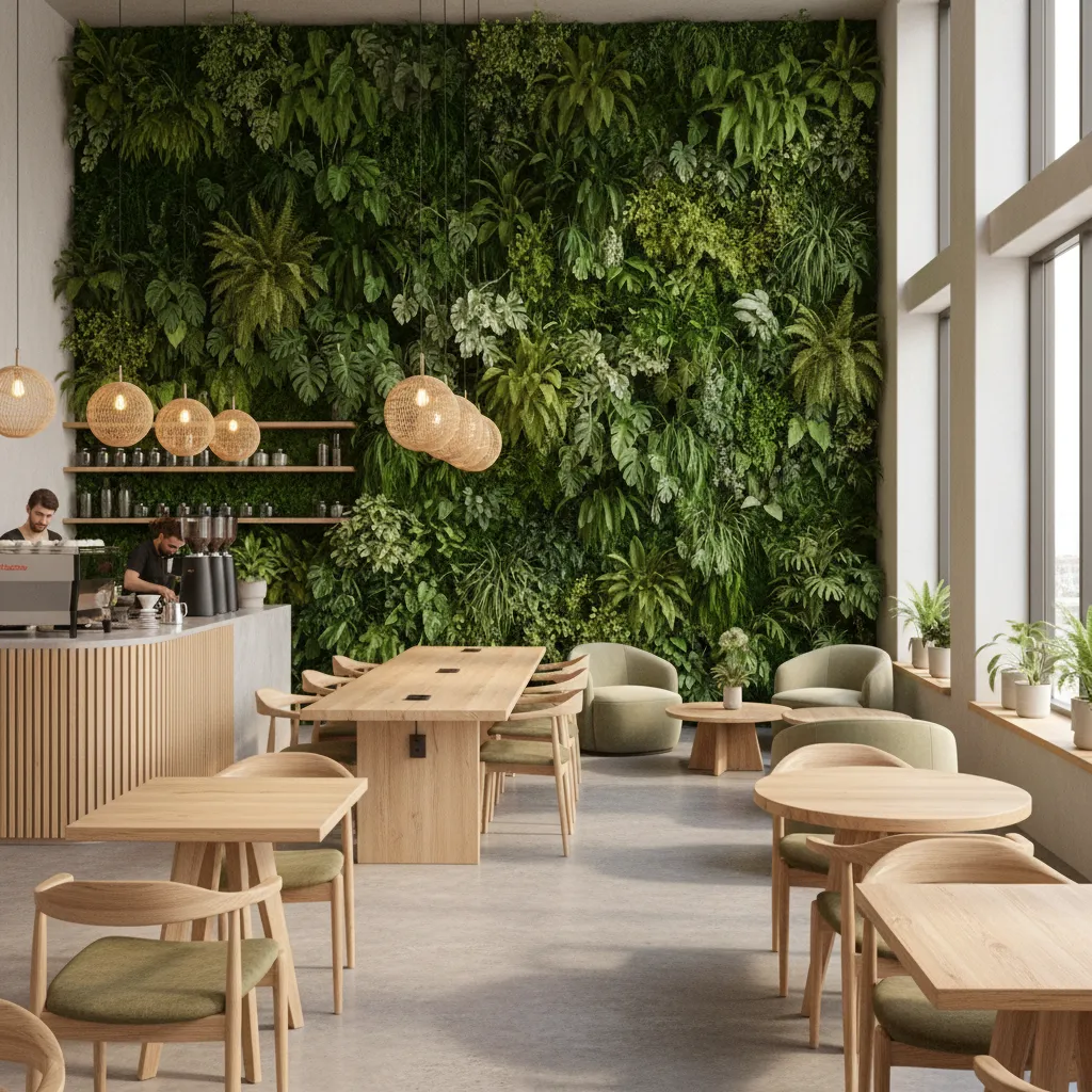 Coffee shop interior with green plant wall and natural wood seating