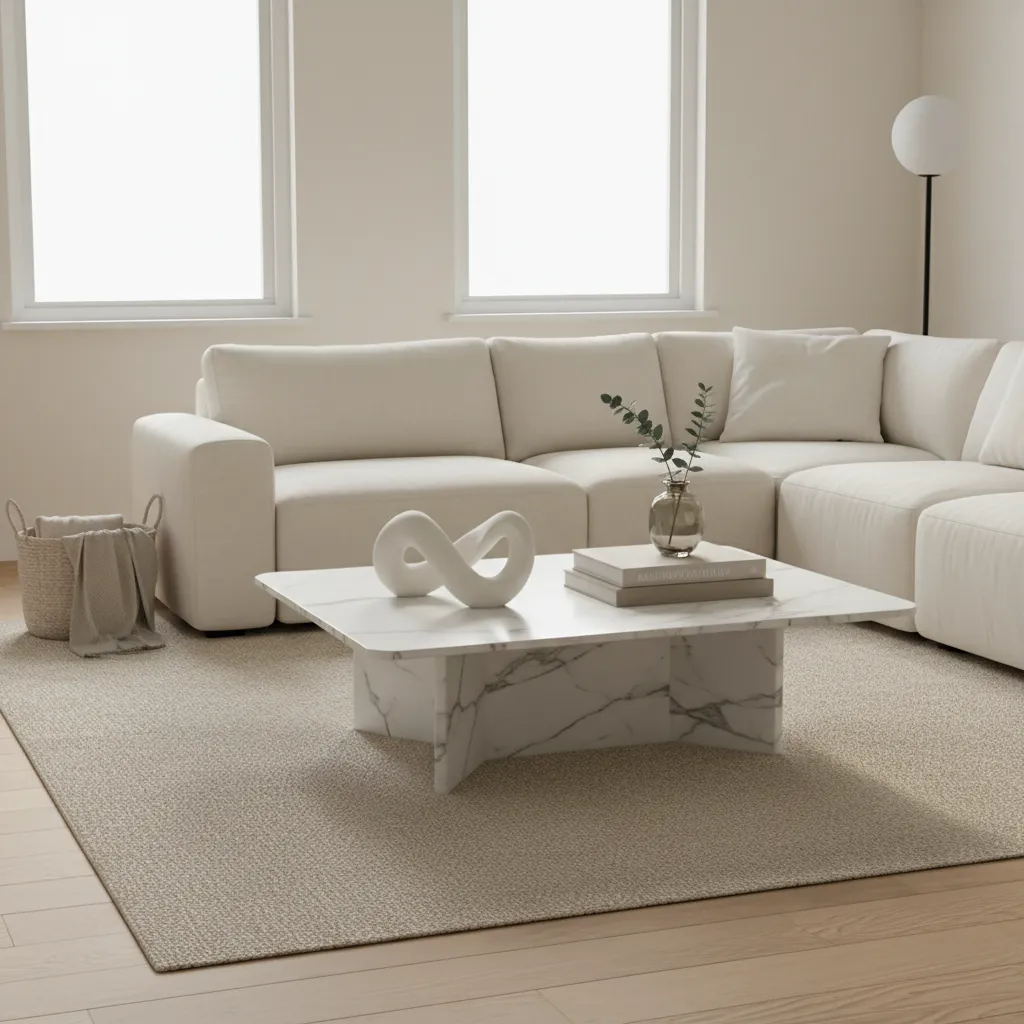 Figura decorativa moderna sobre mesa de centro en salón contemporáneo