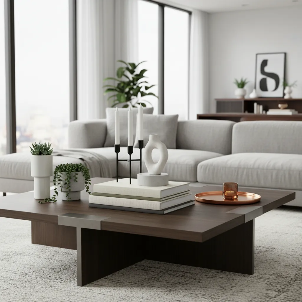 Coffee table decor showing layered heights with statue books and plant