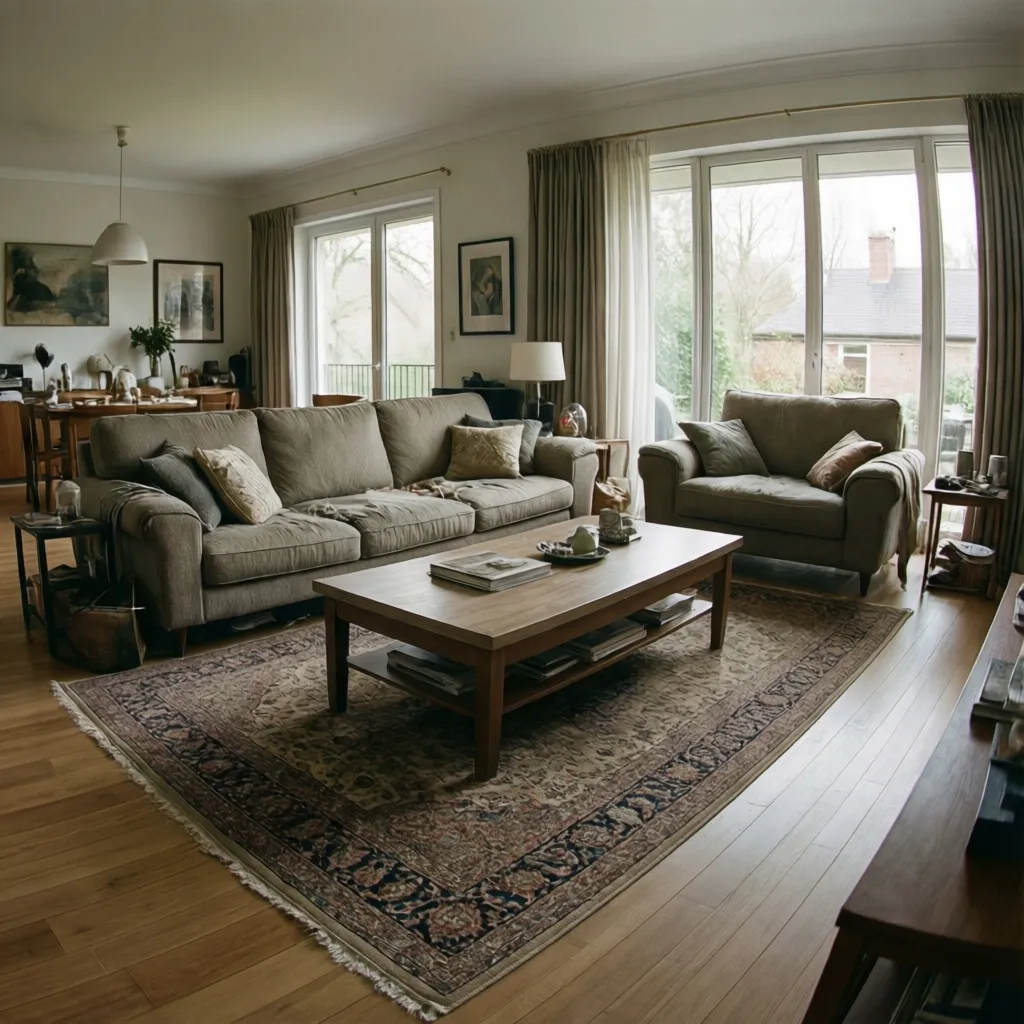 Coffee table and rug proportion in a rectangular living room seating area